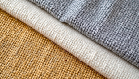 Knitted fabric texture closeup with beige, white, and gray colors showing woven pattern and soft materialの素材