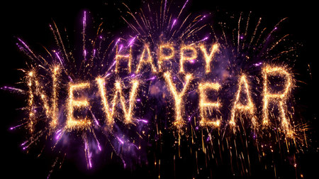 Happy New Year text with golden sparkler fireworks and purple fireworks on black background celebrating festive eventの素材