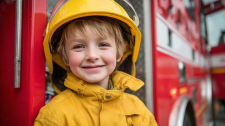 Smiling child wearing yellow firefighter helmet and jacket standing near red fire truck, showing joyful expression and safety gearの素材