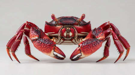 Red crab with large claws and textured shell on white background showing detailed legs and pincersの素材