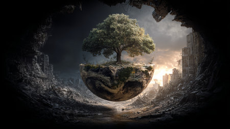 Floating island with tree in destroyed city landscape, symbolizing hope and nature resilience in dark, dramatic environmentの素材