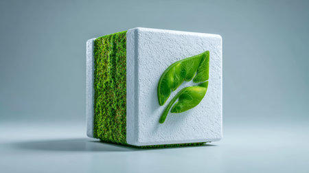 Green leaf symbol on white textured cube with moss sides, representing eco friendly concept and environmental sustainabilityの素材