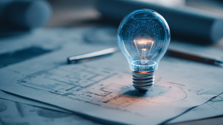 Light bulb glowing on architectural blueprint with pen and ruler in background, symbolizing creative ideas and innovationの素材
