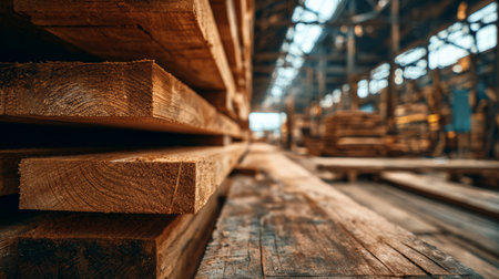 Stack of wooden planks in lumber warehouse with natural light creating warm and rustic atmosphereの素材