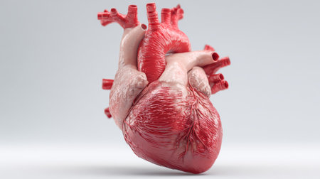 Human heart anatomy model with detailed arteries and veins, showing realistic texture and structure in red and pink tonesの素材