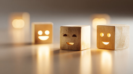 Wooden cube with smiley face and warm light glowing inside, cheerful mood with soft reflections on smooth surfaceの素材