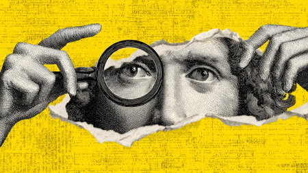 Vintage style illustration of person holding magnifying glass to one eye, peering through torn paper on yellow textured backgroundの素材