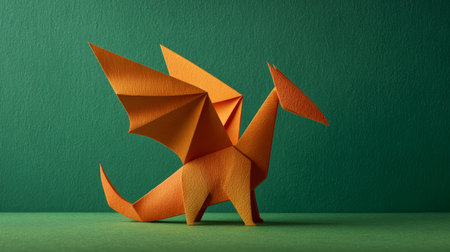 Orange paper dragon origami with wings standing on green surface with textured green background, creative and artistic designの素材
