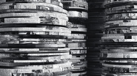 Stack of old newspapers arranged in circular layers creating textured pattern with monochrome tones and vintage feelの素材