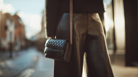 Black leather pants and quilted handbag with chain strap create stylish and elegant look on city street with soft sunlight glowの素材