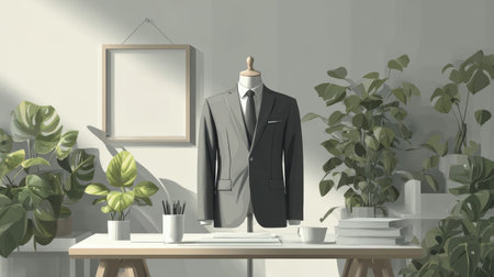 Modern office interior with gray suit on mannequin, surrounded by green plants, books, and cup on wooden desk, bright natural lightの素材