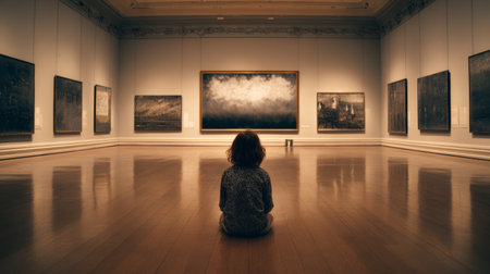 Child sitting on polished wooden floor in art gallery surrounded by framed paintings, contemplative atmosphere with warm lightingの素材