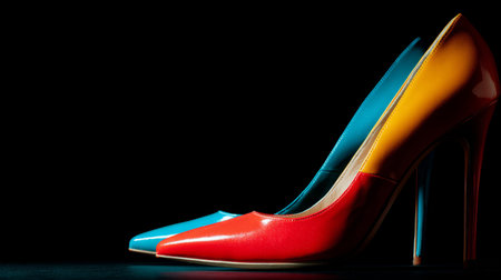 Colorful high heel shoes with red, yellow, and blue sections on black background, stylish and elegant footwear for fashion loversの素材