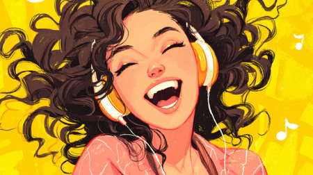 Joyful woman with curly hair wearing headphones, enjoying music with bright yellow background, expressing happiness and energyの素材