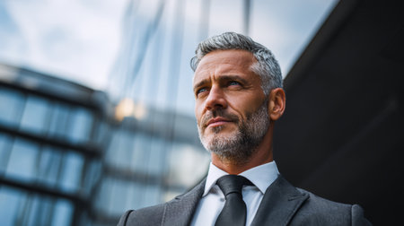 Confident mature businessman with gray hair and beard wearing suit and tie standing outdoors near modern glass buildingの素材