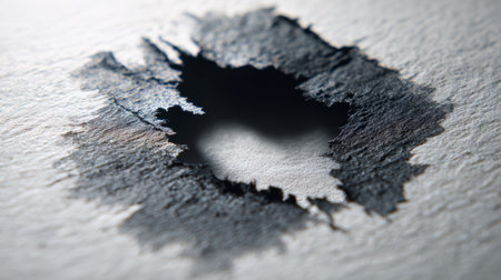Burned hole in paper with charred edges and textured surface in close up viewの素材