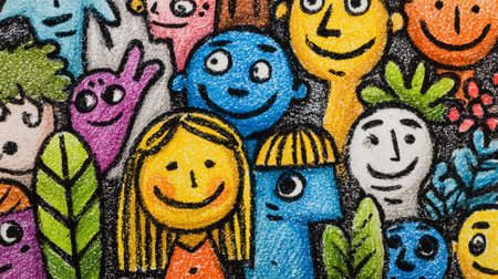 Colorful smiling faces and abstract characters drawn with crayon texture, surrounded by green leaves and playful shapes, creating joyful sceneの素材