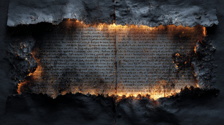 Burning old paper with text, charred edges glowing with fire light on dark surface, creating dramatic and intense atmosphereの素材