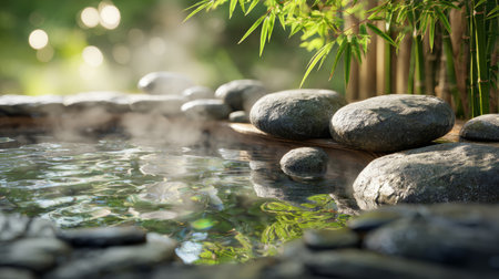 Hot spring water with smooth stones and bamboo plants creating peaceful and relaxing natural spa atmosphere in sunlightの素材