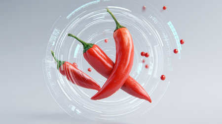 Red chili pepper with green stem floating with digital futuristic circle interface and small red spheres on light background, spicy food conceptの素材
