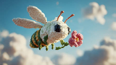 Bee flying with pink flower in blue sky with clouds, colorful pixel art style insect with wings and antennae, bright outdoor sceneの素材