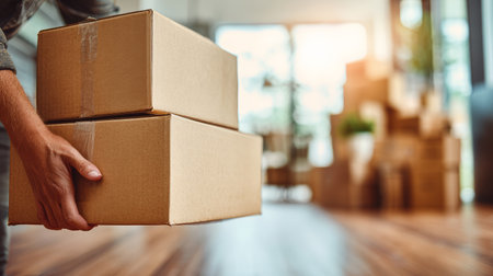 Person holding two cardboard boxes, moving or delivering packages indoors with sunlight and blurred background, conveying busy and organizedの素材