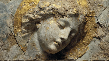 Ancient stone relief of serene angel face with golden halo, showing detailed texture and weathered cracks on surfaceの素材