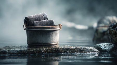 Rolled towel in wooden bucket on stone edge by hot spring water with misty atmosphere and natural rock backgroundの素材
