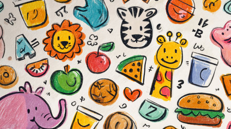 Colorful animal drawing children illustration playful design giraffe sketch lion face zebra head fruit doodle watermelon slice apple drawingの素材