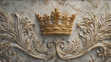 Golden crown with ornate floral decoration on marble surface, elegant vintage design with luxurious and royal expressionの素材