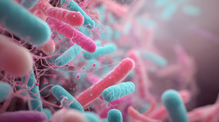 Bacteria in microscopic view with pink and blue rod shapes, showing detailed texture and fine hair like structures in soft focus environmentの素材