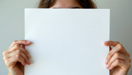 Closeup of person holding blank white paper with both hands covering face, minimalistic backgroundの素材