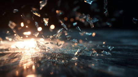 Shattered glass pieces flying in dynamic motion with glowing light reflections on dark textured surface creating dramatic effectの素材