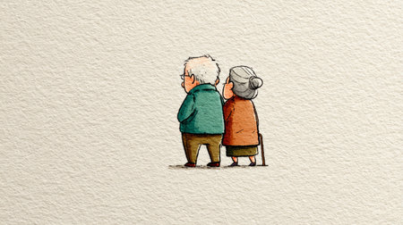 Elderly couple standing together, woman with cane, man with glasses, both wearing coats, simple textured background, warm and calm moodの素材