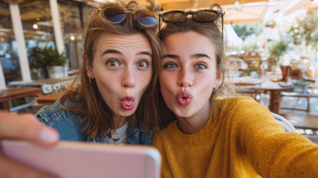 Two young women making funny faces while taking selfie together at outdoor cafe, enjoying casual and playful momentの素材
