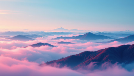 Mountain landscape with pink clouds and blue sky at sunrise, peaceful and serene natural scenery with layered mountain ridges and soft mistの素材
