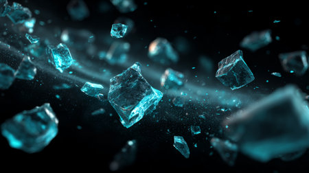 Frozen ice cube pieces floating in dark space with glowing blue light and sparkling particles creating cold atmosphereの素材