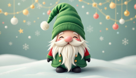 Cute Christmas gnome with green hat and coat standing on snow with festive lights and snowflakes in background, joyful holiday spiritの素材