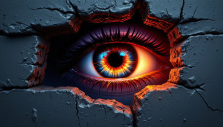 Closeup of stylized eye in cracked wall with vibrant blue and orange iris glowing intensely, creating mysterious and captivating visual effectの素材