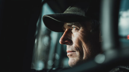 Man side profile portrait cap serious wrinkles close up adult male focused expression face person hat mature looking indoors light shadow skinの素材