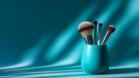 Makeup brush set with soft bristles in turquoise holder on blue background with light and shadow creating calm and elegant atmosphereの素材