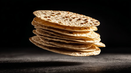 Stack of round flatbread with toasted spots on dark background, warm and crispy texture, delicious traditional foodの素材