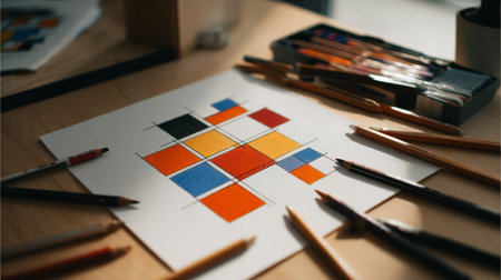 Abstract geometric painting with colored squares in orange, blue, yellow, and black on paper surrounded by colored pencils on wooden tableの素材