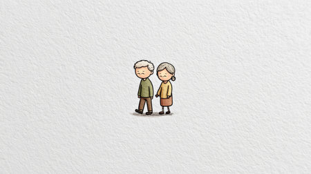Elderly couple walking together holding hands with gentle smiles on textured white background, symbolizing love and companionshipの素材