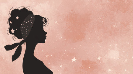 Silhouette of woman with headscarf decorated with stars against soft pink starry background, evoking calm and dreamy moodの素材
