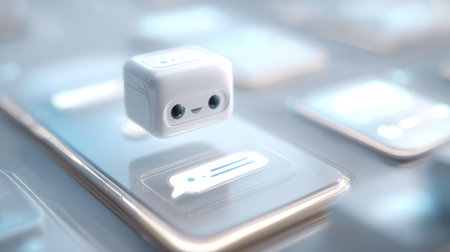 Cute white chatbot icon floating above smartphone screen with message bubble, symbolizing friendly AI communication and digital interactionの素材