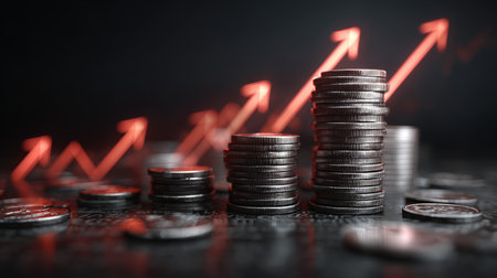 Stacked silver coins with glowing red upward arrows symbolizing financial growth and investment success in dark settingの素材