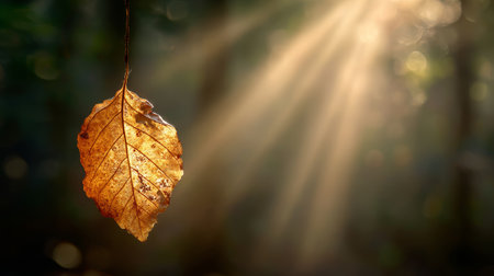Dry leaf hanging with sunlight rays shining through in blurred natural background creating warm and peaceful atmosphereの素材