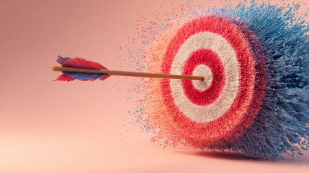 Arrow hitting center of colorful target with red, white, and blue concentric circles, symbolizing precision and successの素材