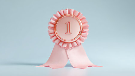 Pink award ribbon with number one on light blue background, symbolizing first place achievement and successの素材